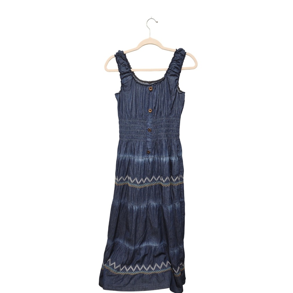 Boho Denim Tiered Midi Dress Smocked Waist Embroidered Zigzag Dark Wash Blue